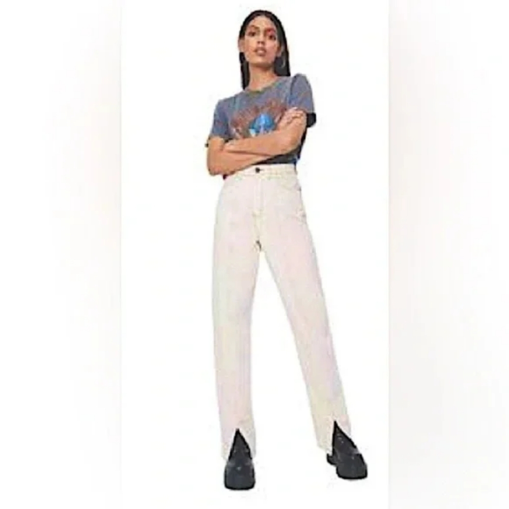 Women's Cream White Wide Leg Jeans With Front Slit Size 4/27
